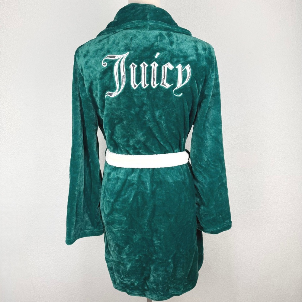 Juicy Couture Emerald Green Plush Robe Silver Metallic Logo White Tie Size L/XL